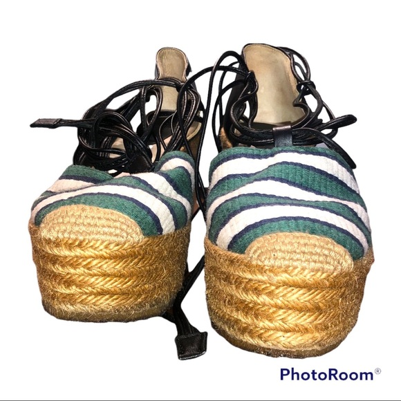 Chloe Striped Canvas & Leather Espadrille Wedges - Picture 4 of 6